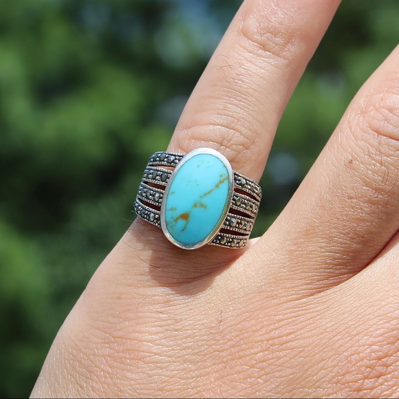 Vintage Turquoise Marcasite Sterling Silver Ring - Picture 6 of 6